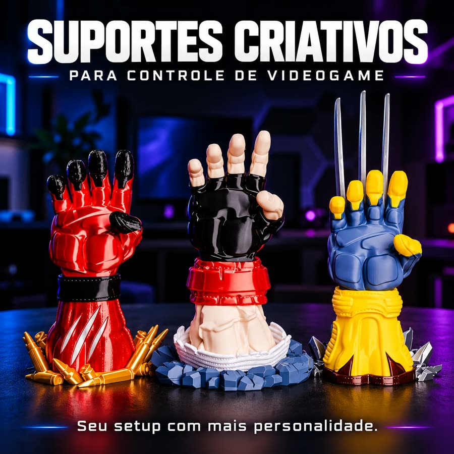 Suportes de controle inspirados em Deadpool, Wolverine e Street Fighter